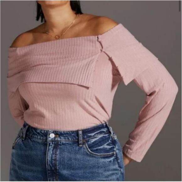 ANTHROPOLOGIE NWT A+ Ribbed Knit Off The Shoulder Top Mauve Pink Sweater // 2X - Picture 2 of 11